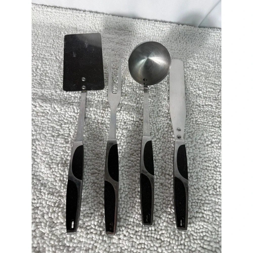 Vintage Stainless Japan 4pc Kitchen Utensil Set Mid Century Modern Black Handles